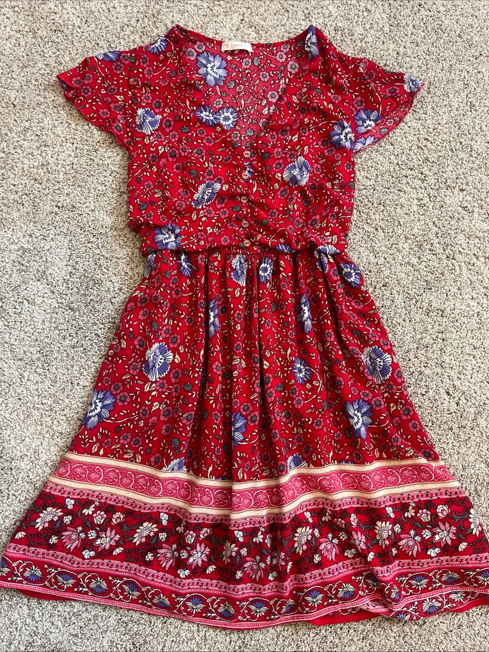 Red Floral Short-Sleeve Mini Dress with Border Print